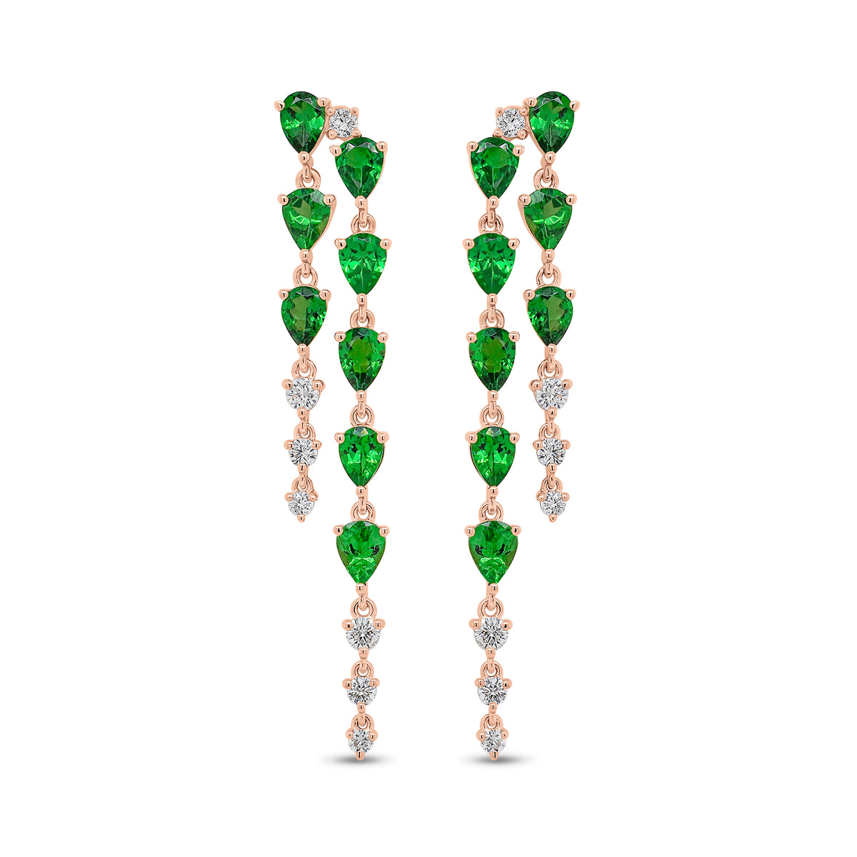 Tsavorite and Diamond Double Drop Earrings - 14K gold weighing 2.90 grams  - 14 round diamonds weighing 0.33carats  - 16 tsavorites weighing 2.37 carats