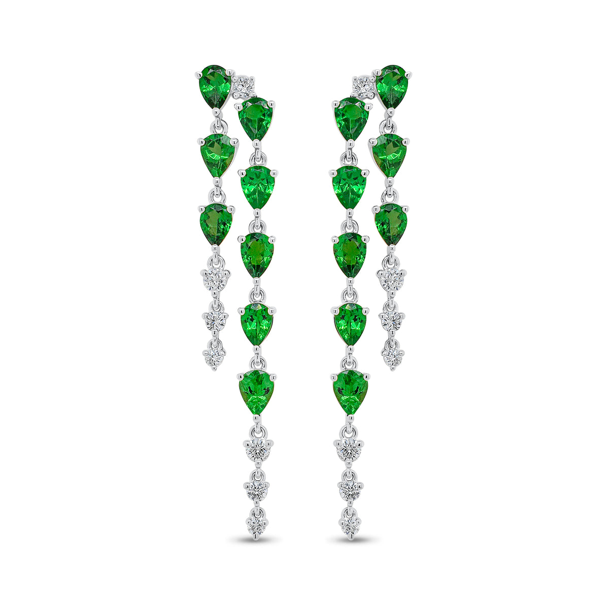 Tsavorite and Diamond Double Drop Earrings - 14K gold weighing 2.90 grams  - 14 round diamonds weighing 0.33carats  - 16 tsavorites weighing 2.37 carats