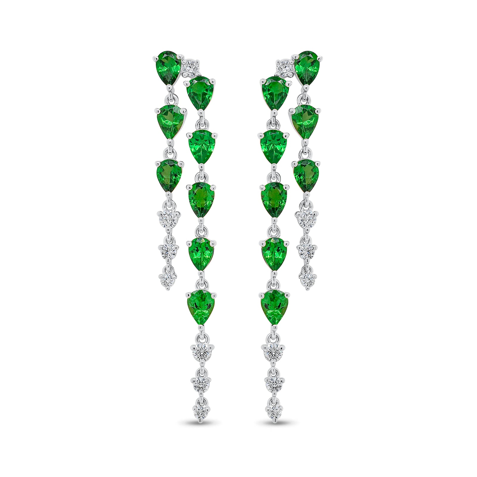 Tsavorite and Diamond Double Drop Earrings - 14K gold weighing 2.90 grams  - 14 round diamonds weighing 0.33carats  - 16 tsavorites weighing 2.37 carats