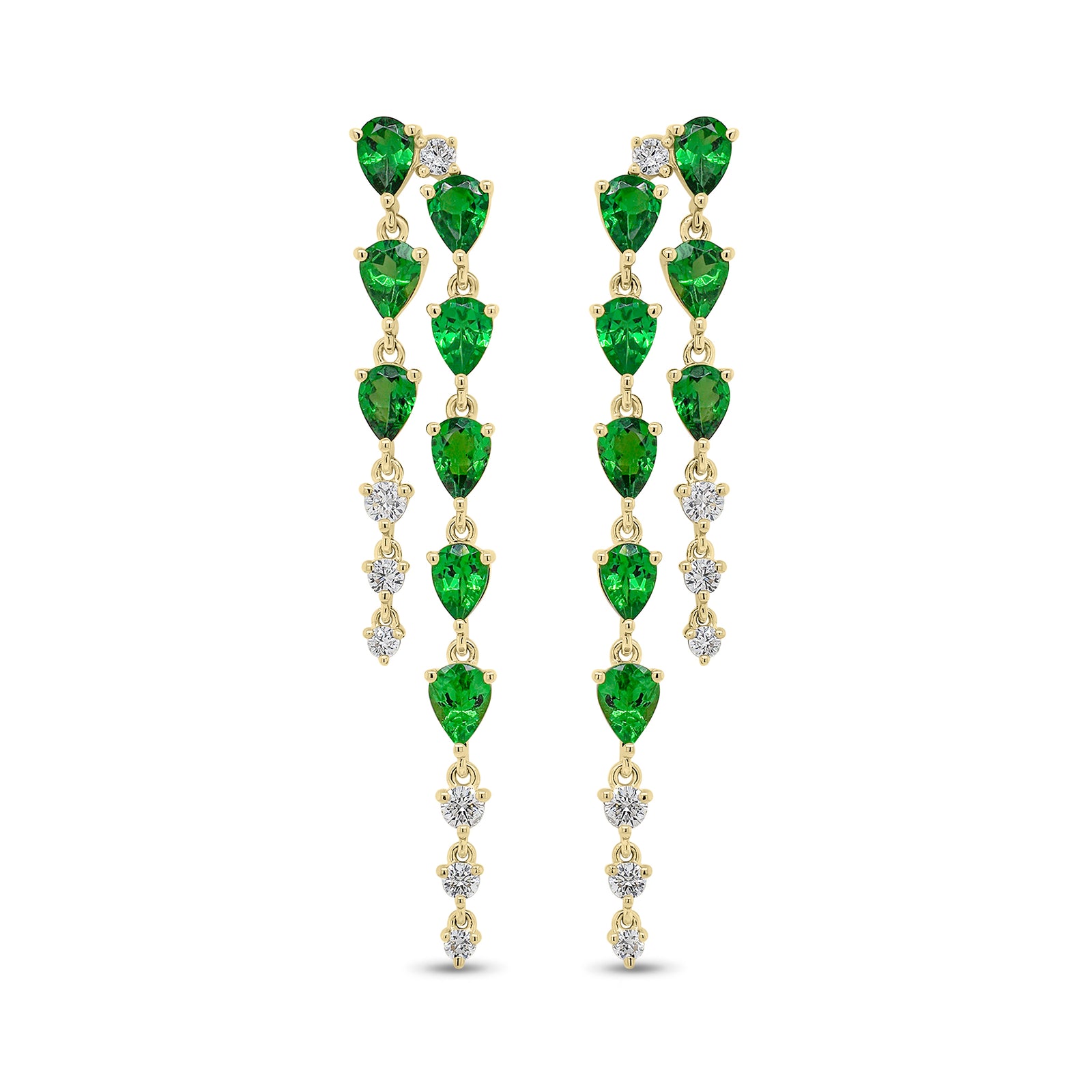 Tsavorite and Diamond Double Drop Earrings - 14K gold weighing 2.90 grams  - 14 round diamonds weighing 0.33carats  - 16 tsavorites weighing 2.37 carats