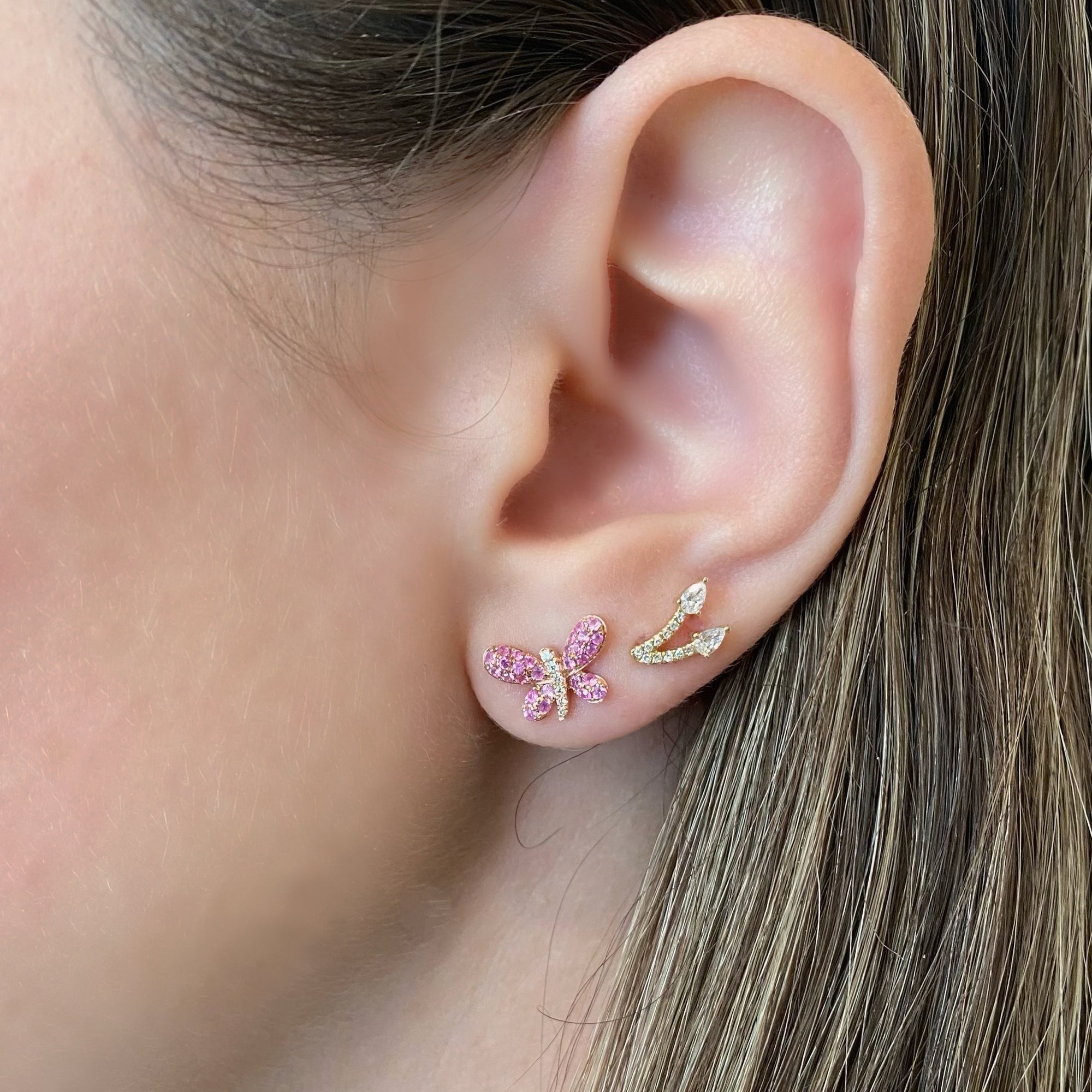 Pink Sapphire & Diamond Butterfly Stud Earrings - 14K rose  gold weighing 1.89 grams  - 12 round diamonds totaling 0.05 carats  - 56 pink sapphires totaling 0.52 carats