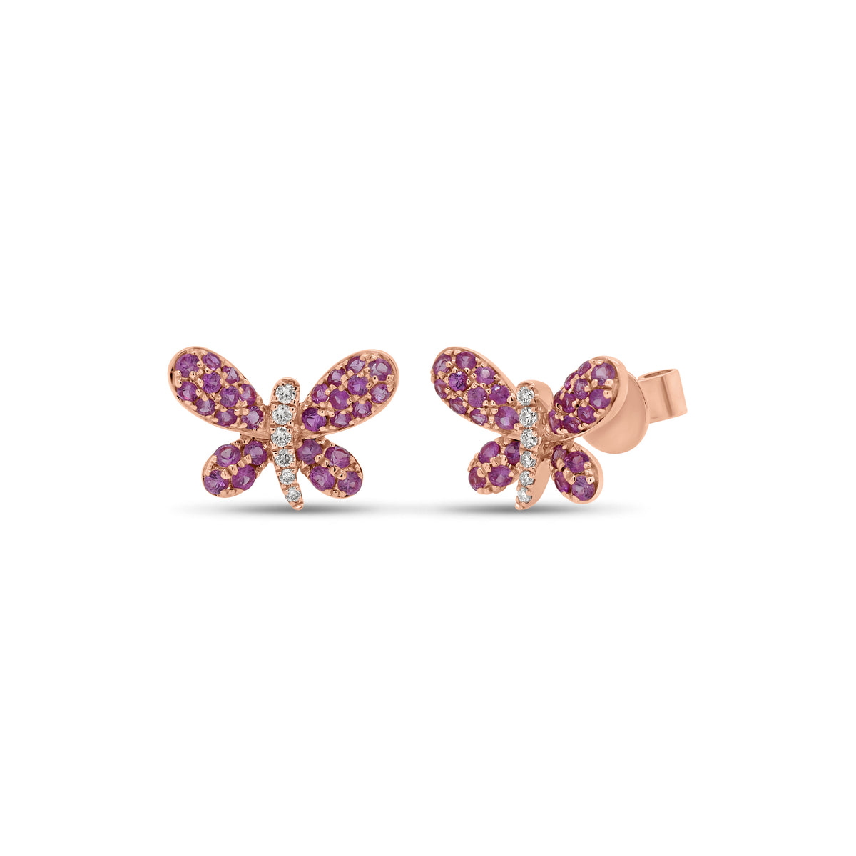 Pink Sapphire & Diamond Butterfly Stud Earrings - 14K rose  gold weighing 1.89 grams  - 12 round diamonds totaling 0.05 carats  - 56 pink sapphires totaling 0.52 carats