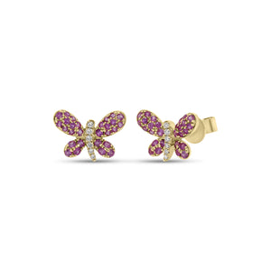 Pink Sapphire & Diamond Butterfly Stud Earrings - 14K yellow gold weighing 1.89 grams - 12 round diamonds totaling 0.05 carats - 56 pink sapphires totaling 0.52 carats