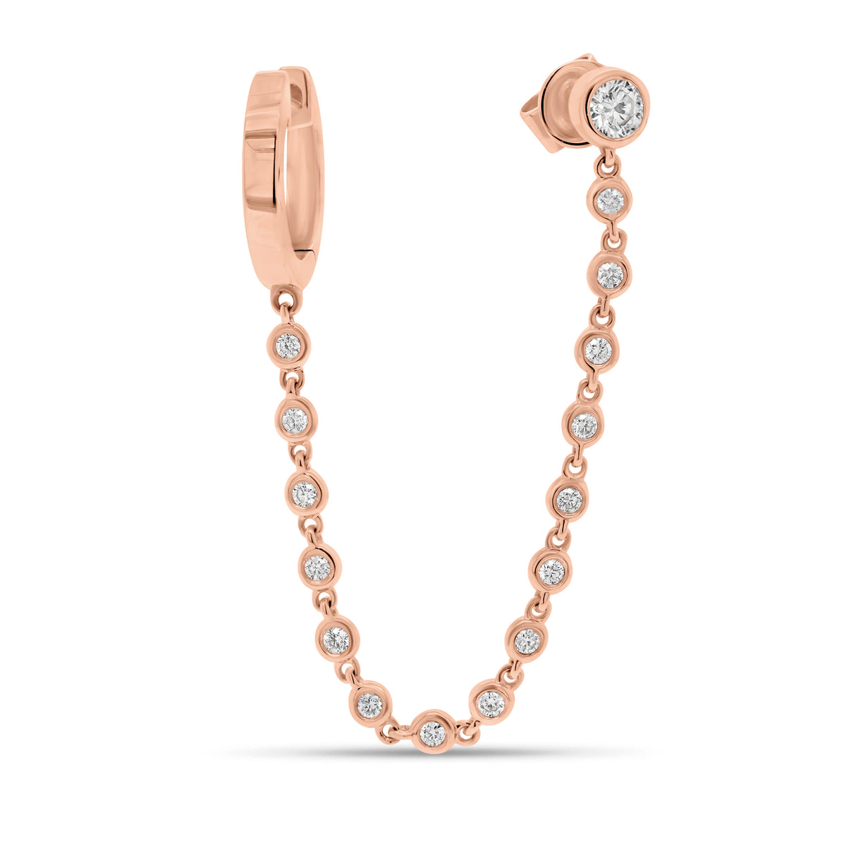 Gold ear cuff with bezel-set diamond chain - 14K gold weighing 2.24 grams  - 16 round diamonds totaling 0.16 carats