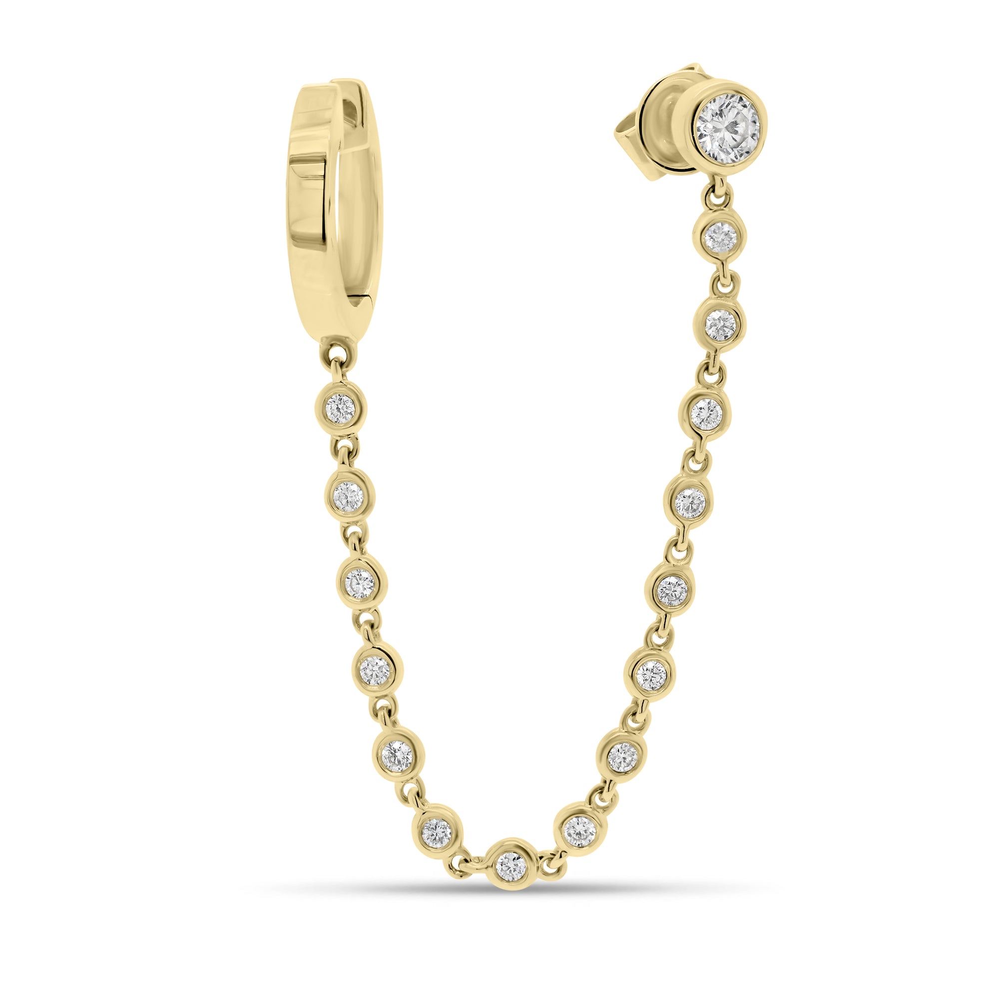 Gold ear cuff with bezel-set diamond chain - 14K gold weighing 2.24 grams  - 16 round diamonds totaling 0.16 carats