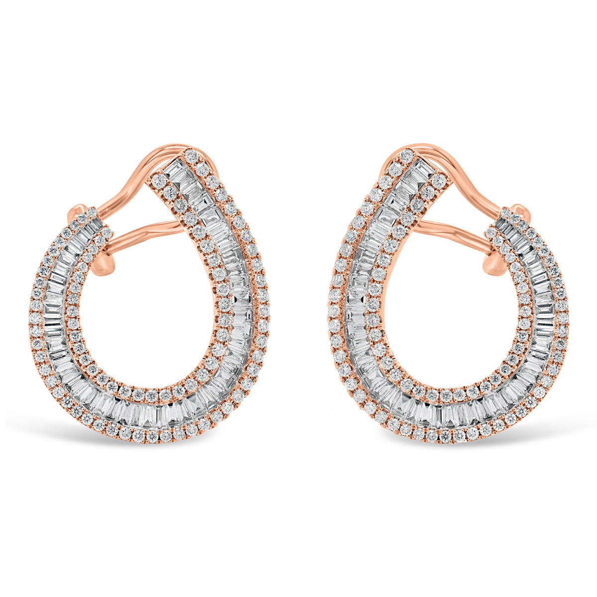 Baguette Diamond Front-Facing Hoop Earrings  - 18K gold weighing 5.48 grams  - 174 round diamonds totaling 0.72 carats  - 98 straight baguettes totaling 1.07 carats