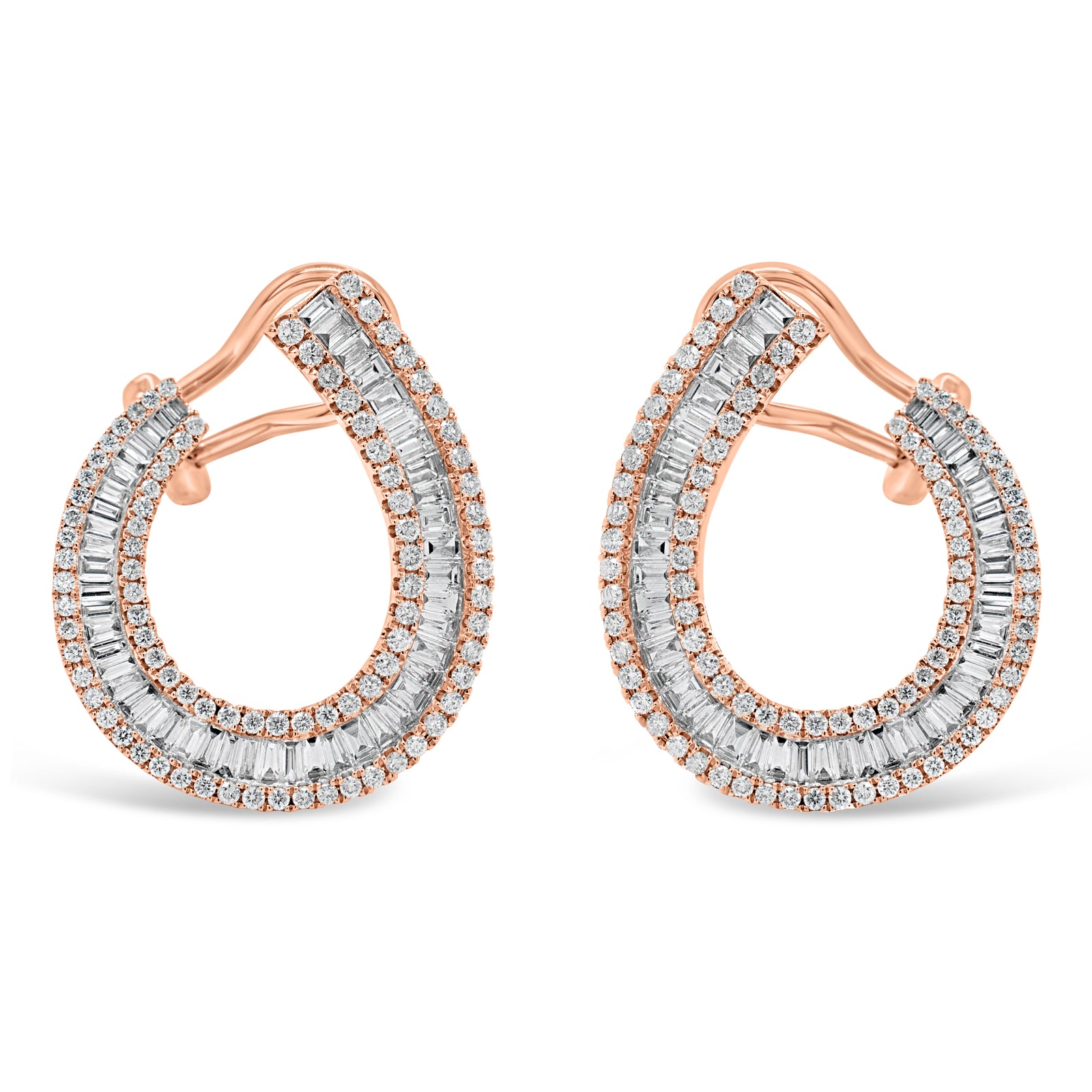 Baguette Diamond Front-Facing Hoop Earrings  - 18K gold weighing 5.48 grams  - 174 round diamonds totaling 0.72 carats  - 98 straight baguettes totaling 1.07 carats