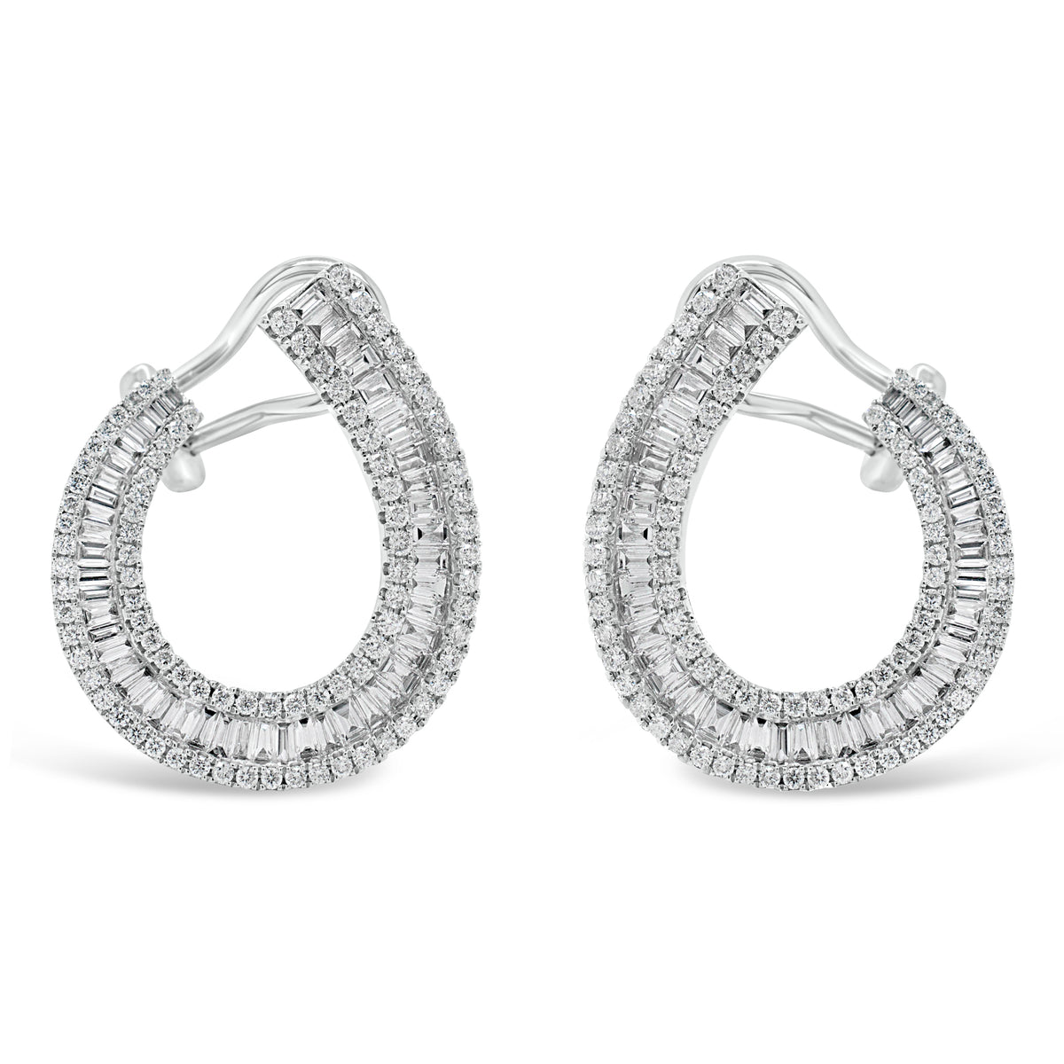 Baguette Diamond Front-Facing Hoop Earrings  - 18K gold weighing 5.48 grams  - 174 round diamonds totaling 0.72 carats  - 98 straight baguettes totaling 1.07 carats