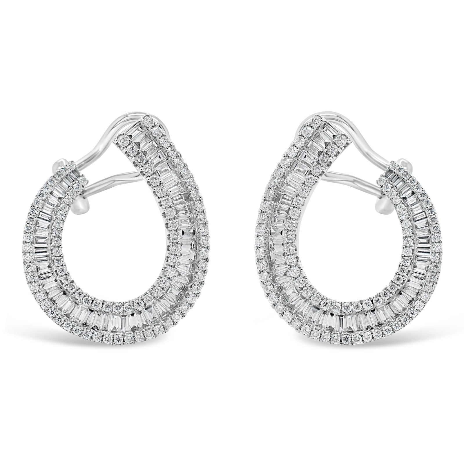Baguette Diamond Front-Facing Hoop Earrings  - 18K gold weighing 5.48 grams  - 174 round diamonds totaling 0.72 carats  - 98 straight baguettes totaling 1.07 carats