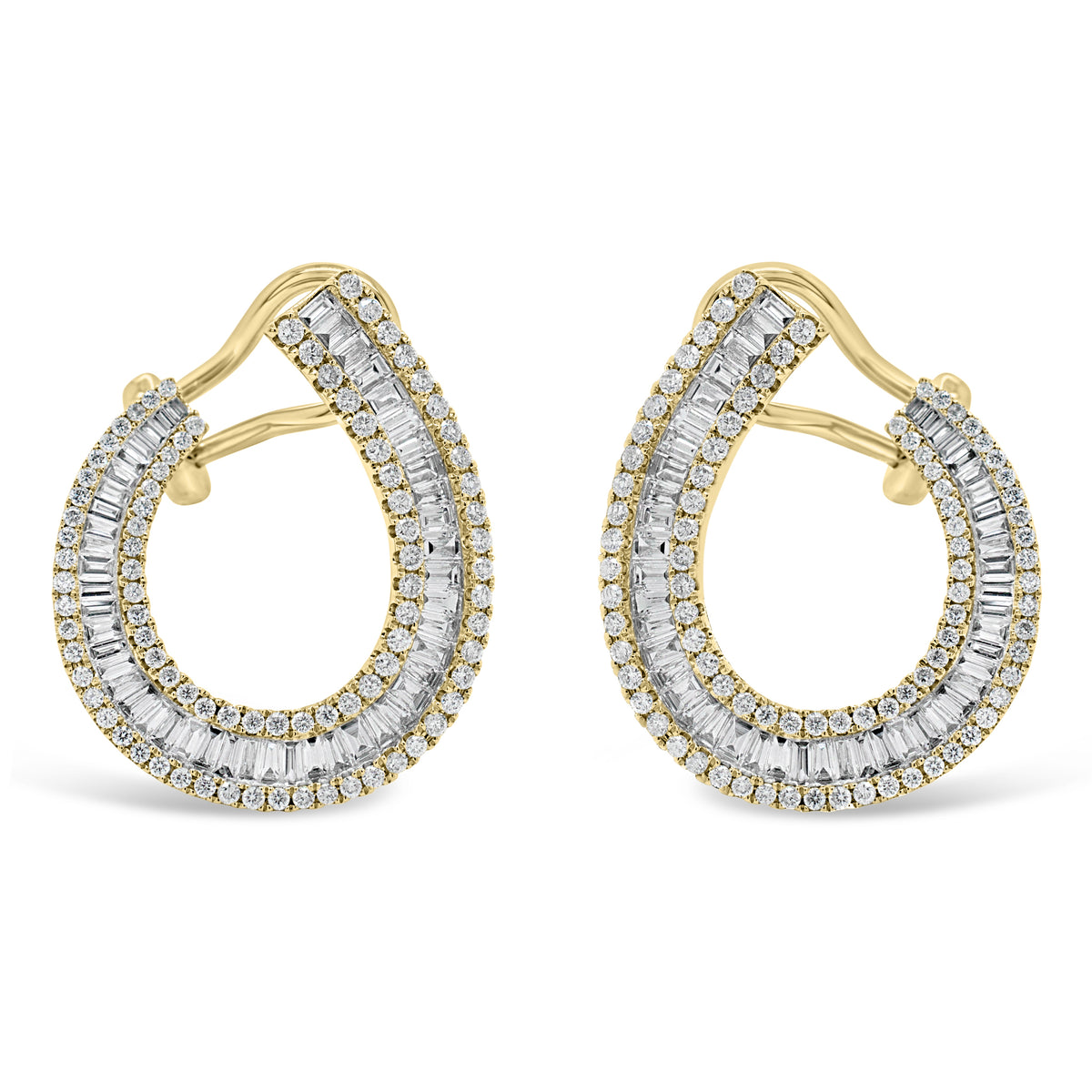 Baguette Diamond Front-Facing Hoop Earrings  - 18K gold weighing 5.48 grams  - 174 round diamonds totaling 0.72 carats  - 98 straight baguettes totaling 1.07 carats