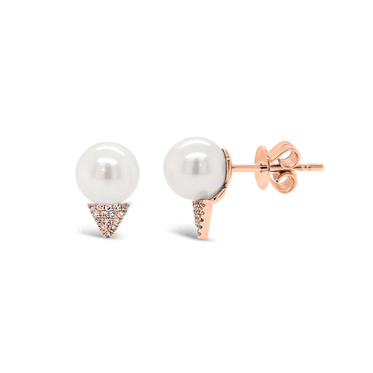 Pearl & Diamond Spike Earrings - 14K rose gold weighing 1.20 grams - 30 round diamonds totaling 0.10 carats - 2 pearls