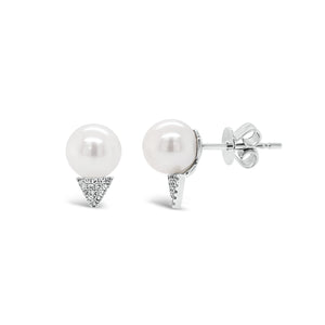 Pearl & Diamond Spike Earrings - 14K white gold weighing 1.20 grams - 30 round diamonds totaling 0.10 carats - 2 pearls
