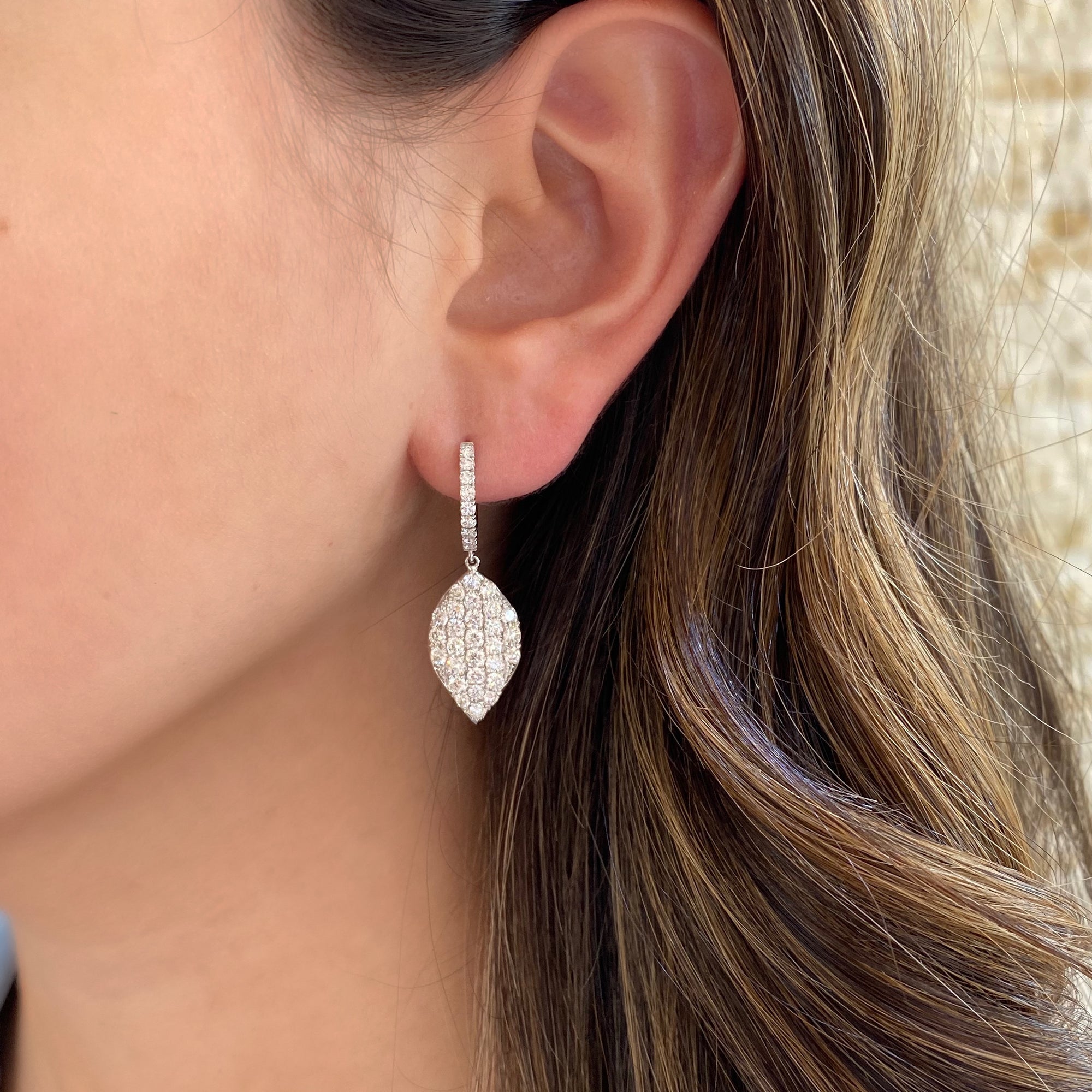 Diamond Simple Dangle Earrings -18K white gold weighing 5.27 grams -74 round diamonds totaling 2.75 carats