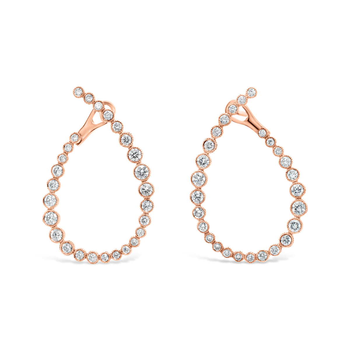 Bezel-Set Diamond Front-Facing Hoop Earrings  - 18K gold weighing 4.08 grams  - 54 round diamonds totaling 1.49 carats