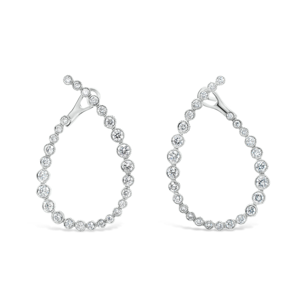 Bezel-Set Diamond Front-Facing Hoop Earrings  - 18K gold weighing 4.08 grams  - 54 round diamonds totaling 1.49 carats