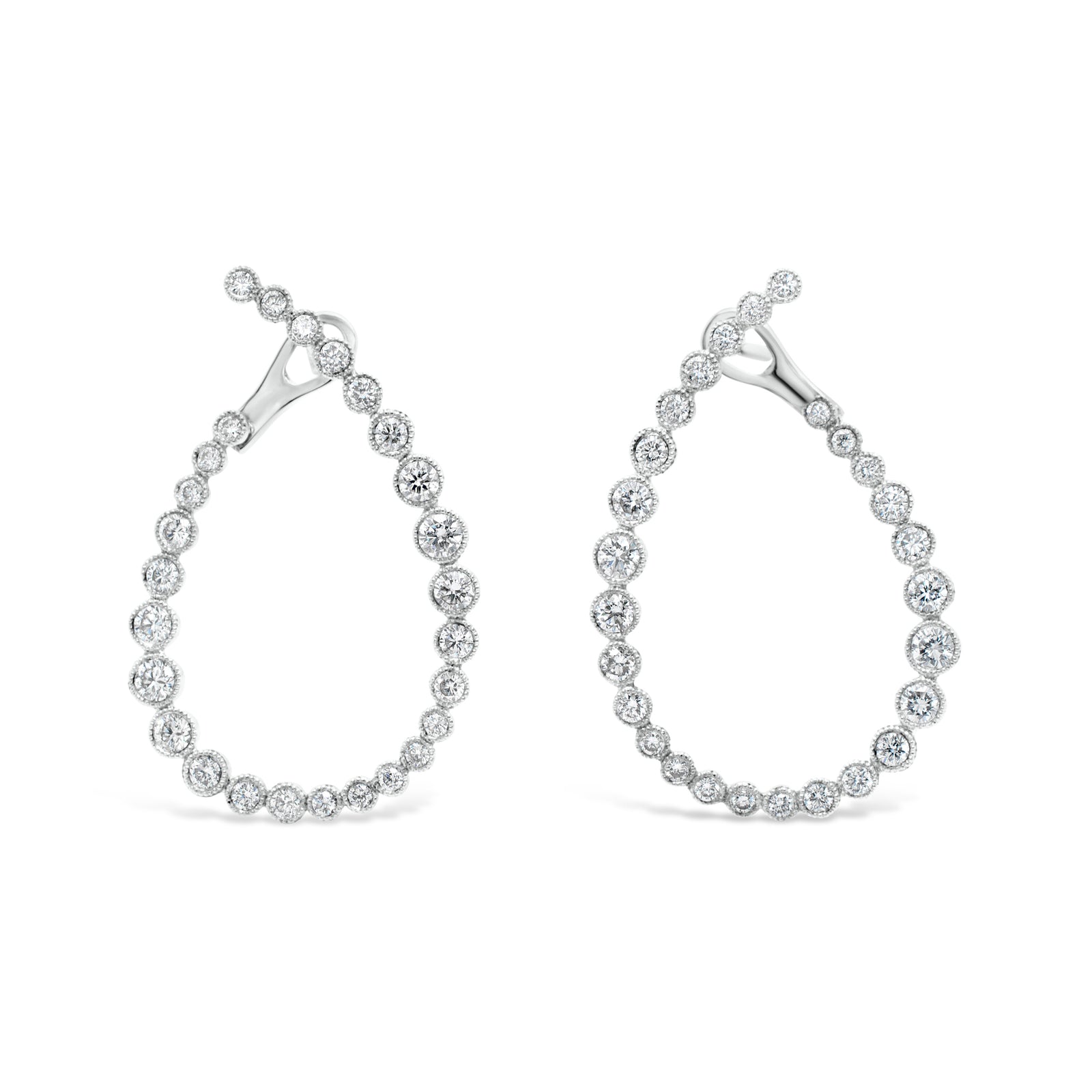 Bezel-Set Diamond Front-Facing Hoop Earrings  - 18K gold weighing 4.08 grams  - 54 round diamonds totaling 1.49 carats