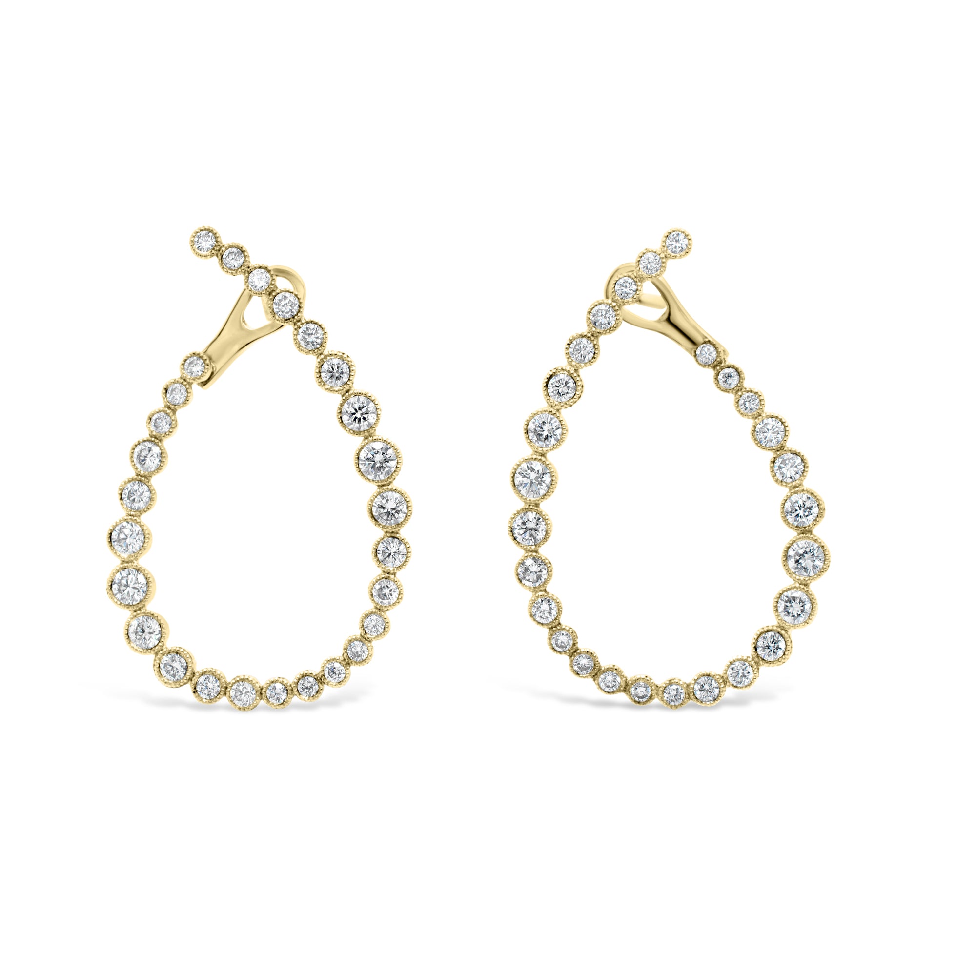 Bezel-Set Diamond Front-Facing Hoop Earrings  - 18K gold weighing 4.08 grams  - 54 round diamonds totaling 1.49 carats