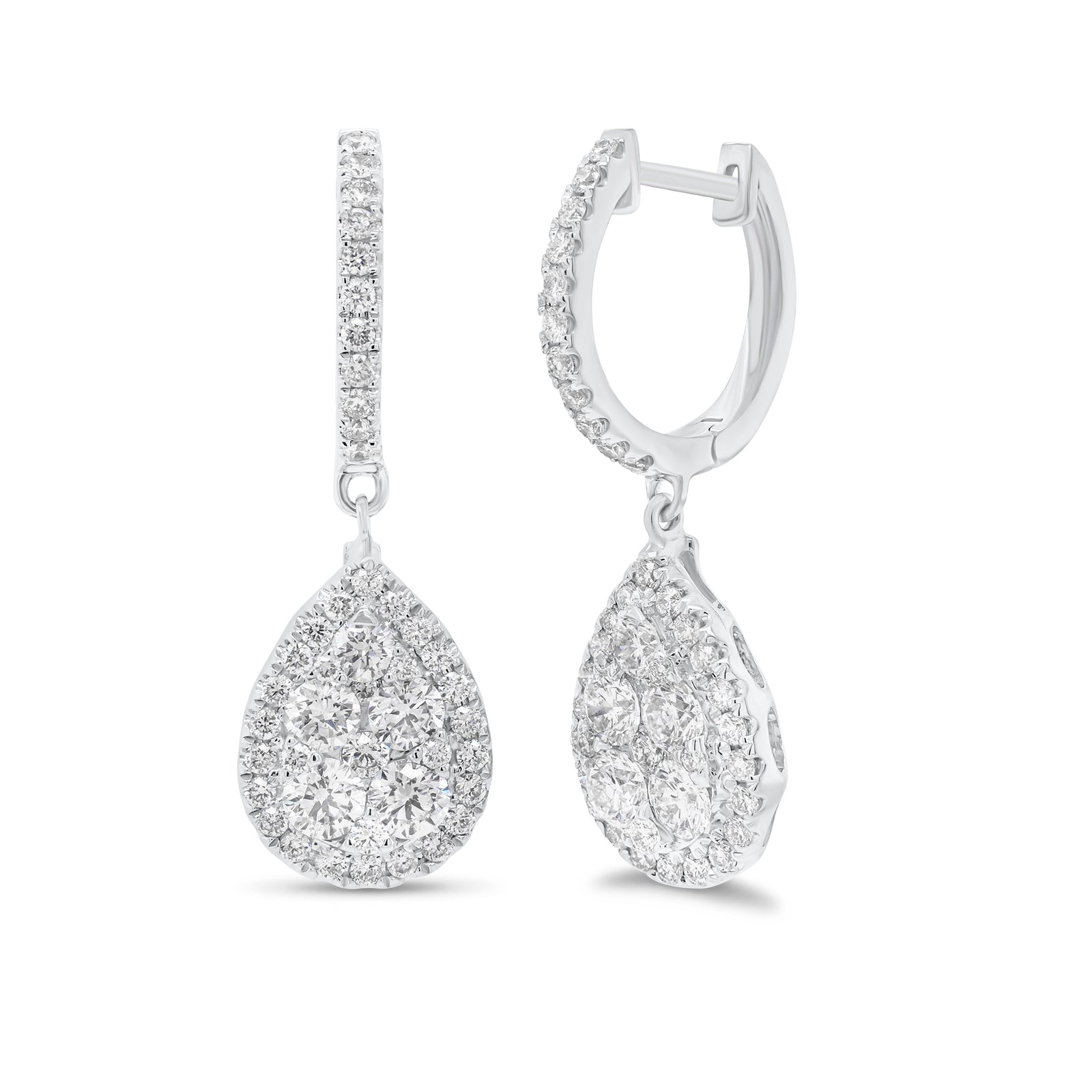 Diamond Cluster Teardrop Dangle Earrings - 18K gold weighing 4.70 grams  - 90 round diamonds weighing 1.42 carats