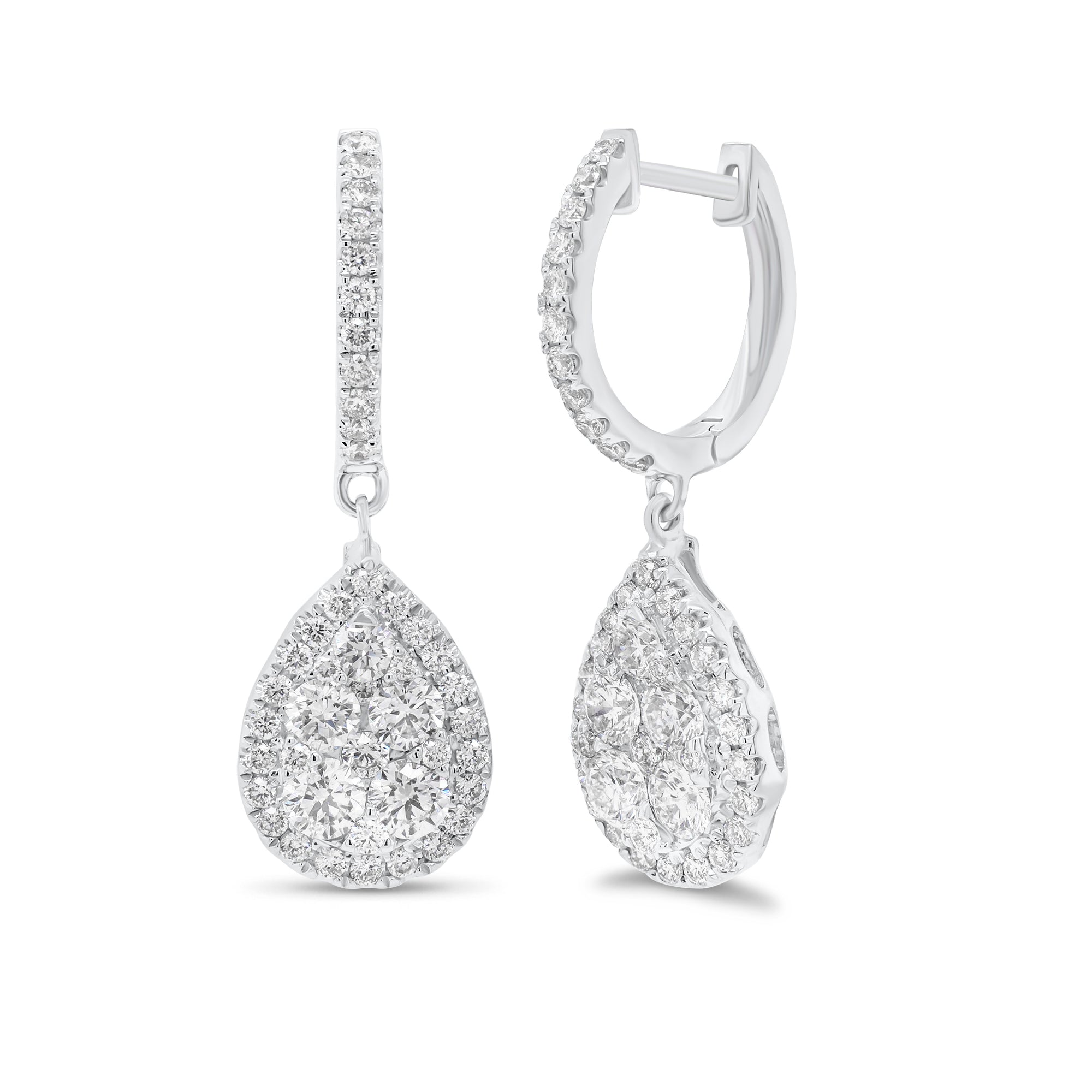 Diamond Cluster Teardrop Dangle Earrings - 18K gold weighing 4.70 grams  - 90 round diamonds weighing 1.42 carats