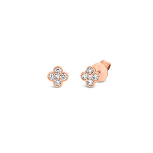 Diamond Trefoil Stud Earrings - 14K rose gold weighing 1.18 grams - 8 round diamonds totaling 0.14 carats - 2 princess-cut diamonds totaling 0.04 carats