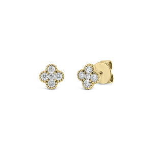 Diamond Four-Flower Stud Earrings - 18K yellow gold weighing 1.90 grams - 10 round diamonds totaling 0.31 carats