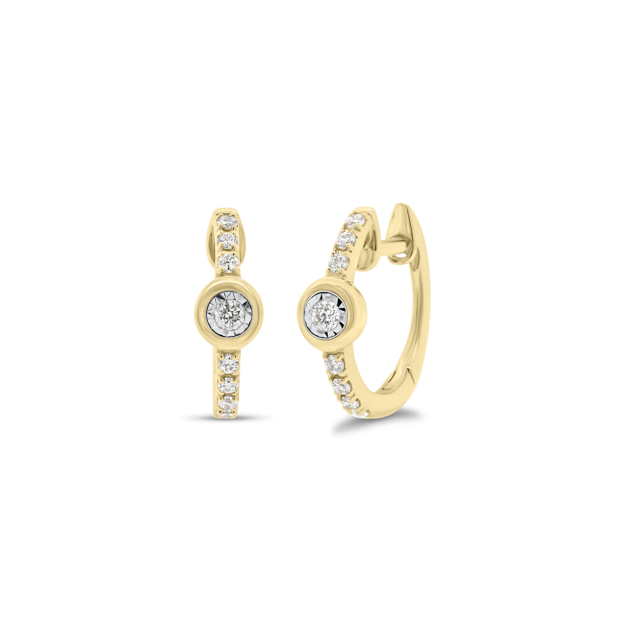 Bezel-Set Diamond Huggie Earrings - 14K gold weighing 2.07 grams  - 16 round diamonds totaling 0.16 carats