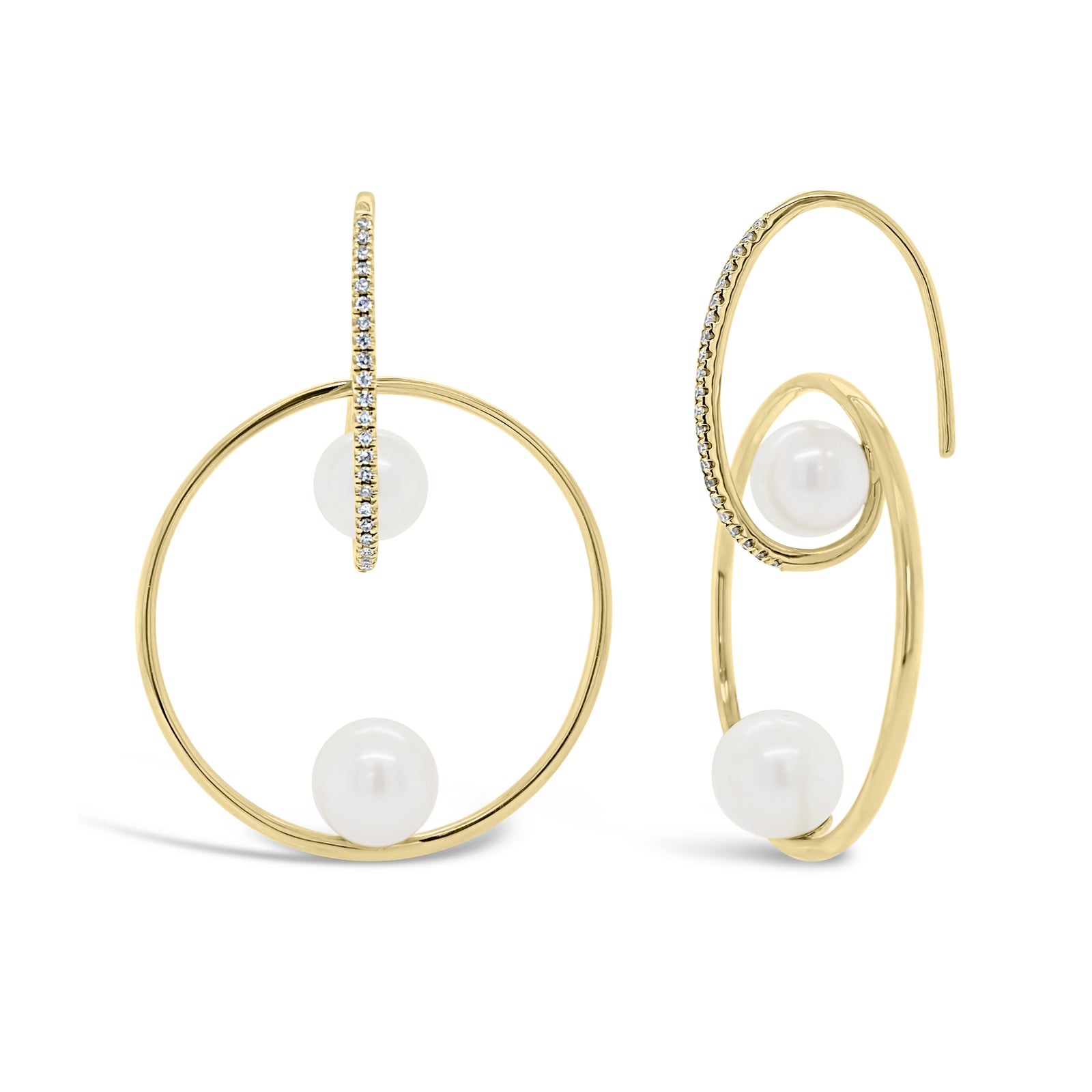 Pearl & Diamond Hoop Earrings  - 14K gold weighing 4.88 grams  - 44 round diamonds totaling 0.16 carats  - 4 pearls