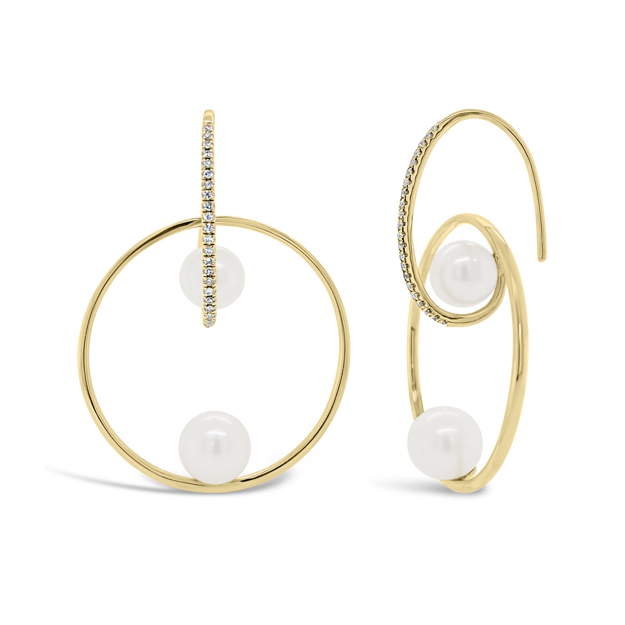 Pearl & Diamond Hoop Earrings  - 14K gold weighing 4.88 grams  - 44 round diamonds totaling 0.16 carats  - 4 pearls