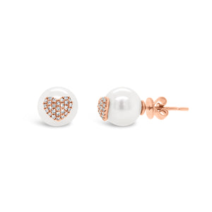 Pearl & Diamond Heart Earrings - 14K rose gold weighing 1.38 grams - 52 round diamonds totaling 0.17 carats