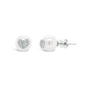 Pearl & Diamond Heart Earrings - 14K white gold weighing 1.38 grams - 52 round diamonds totaling 0.17 carats