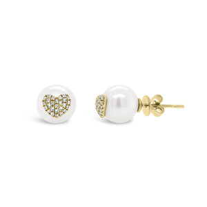 Pearl & Diamond Heart Earrings - 14K yellow gold weighing 1.38 grams - 52 round diamonds totaling 0.17 carats