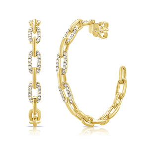 Diamond chain open hoop earrings - 14K gold weighing 9.51 grams  - 98 round diamonds totaling 0.43 carats