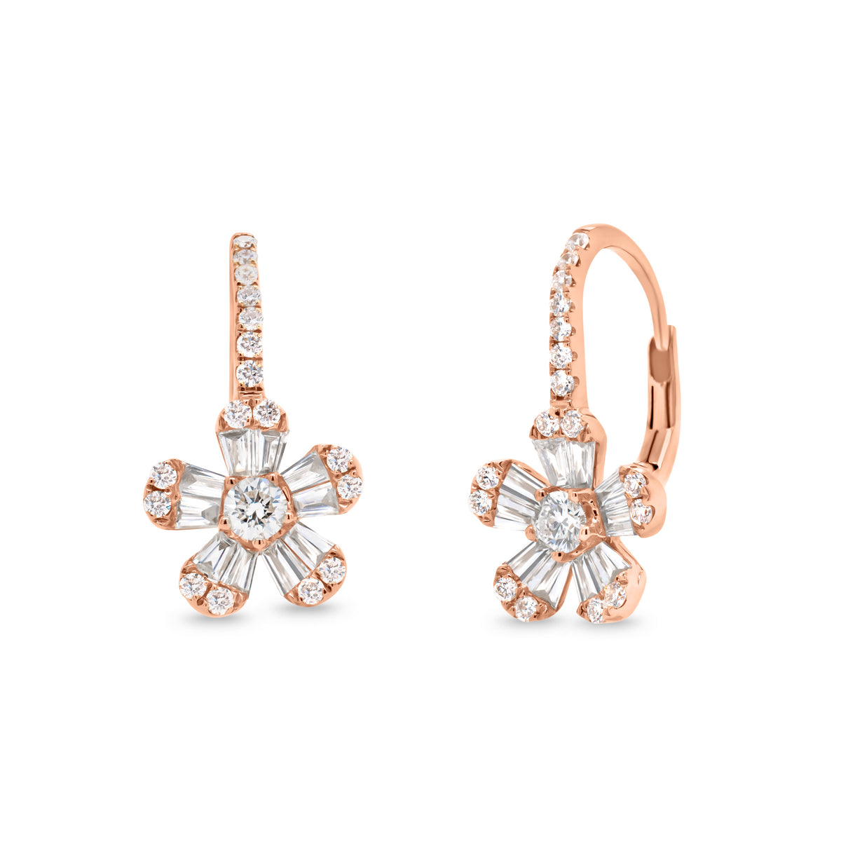Diamond Daisy Lever-Back Earrings   -14K gold weighing 2.36 grams  -20 straight baguettes totaling 0.45 carats  -36 round diamonds totaling 0.43 carats