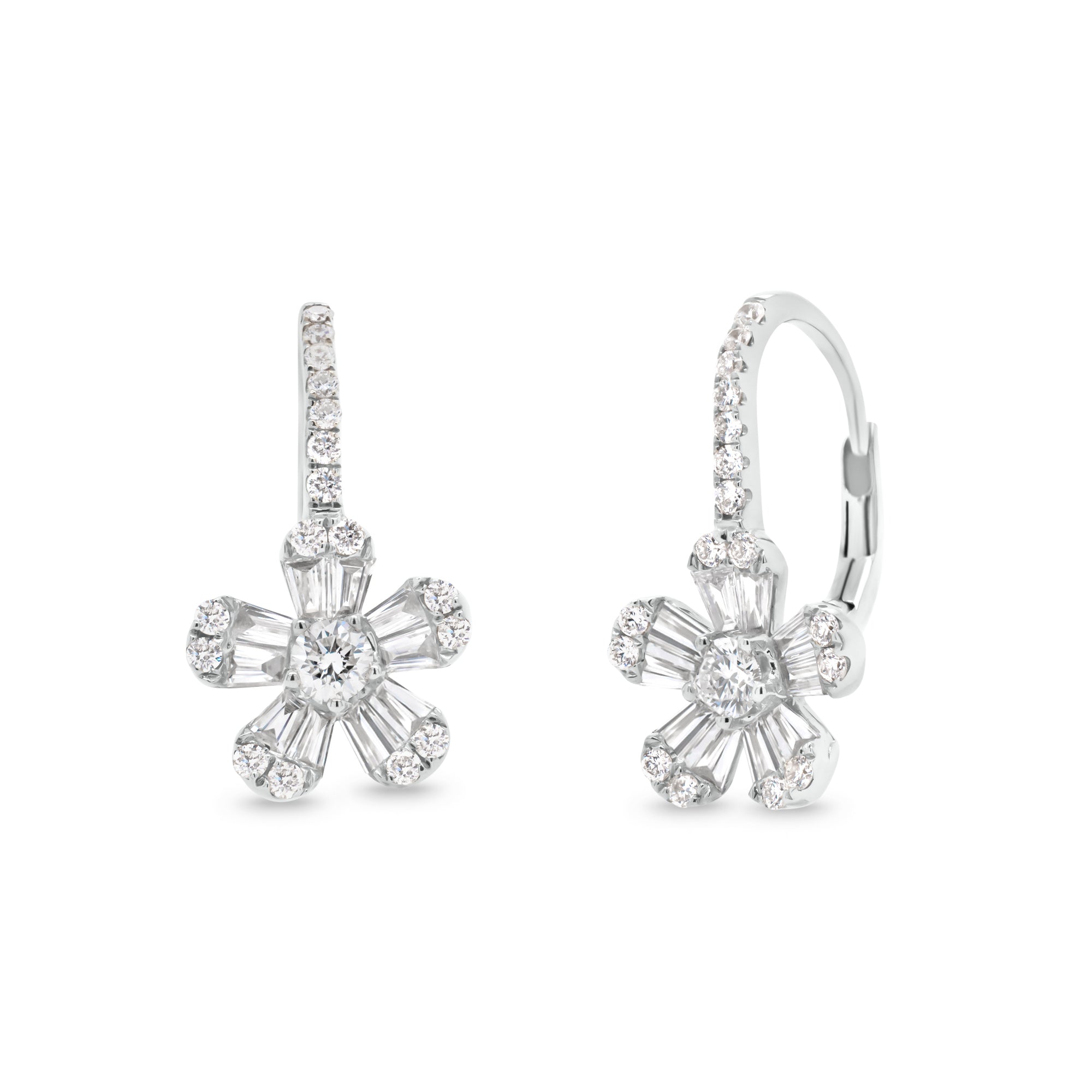 Diamond Daisy Lever-Back Earrings   -14K gold weighing 2.36 grams  -20 straight baguettes totaling 0.45 carats  -36 round diamonds totaling 0.43 carats