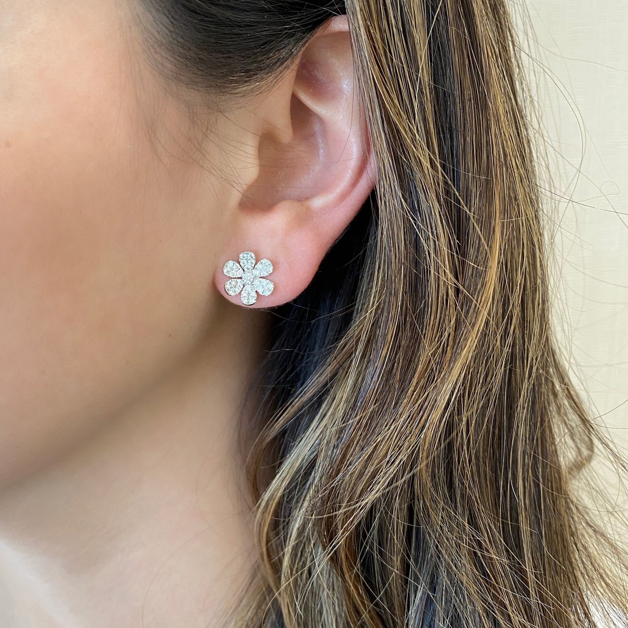 Large Diamond Flower Stud Earrings - 14K white gold weighing 2.53 grams - 62 round diamonds totaling 0.74 carats