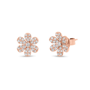 Large Diamond Flower Stud Earrings - 14K rose gold weighing 2.53 grams - 62 round diamonds totaling 0.74 carats