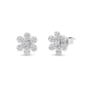 Large Diamond Flower Stud Earrings - 14K white gold weighing 2.53 grams - 62 round diamonds totaling 0.74 carats