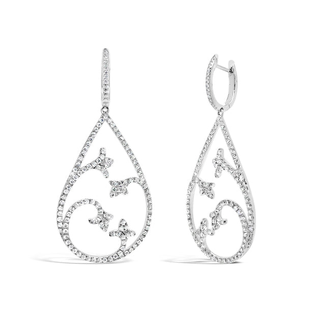 Diamond Open scroll Teardrop Earrings  -18K gold weighing 6.79 grams  -280 round diamonds totaling 1.65 carats