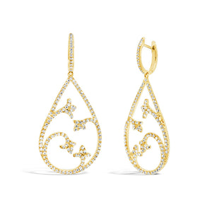 Diamond Open scroll Teardrop Earrings  -18K gold weighing 6.79 grams  -280 round diamonds totaling 1.65 carats