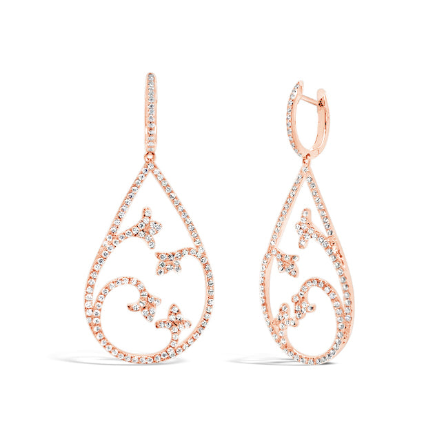 Diamond Open scroll Teardrop Earrings  -18K gold weighing 6.79 grams  -280 round diamonds totaling 1.65 carats