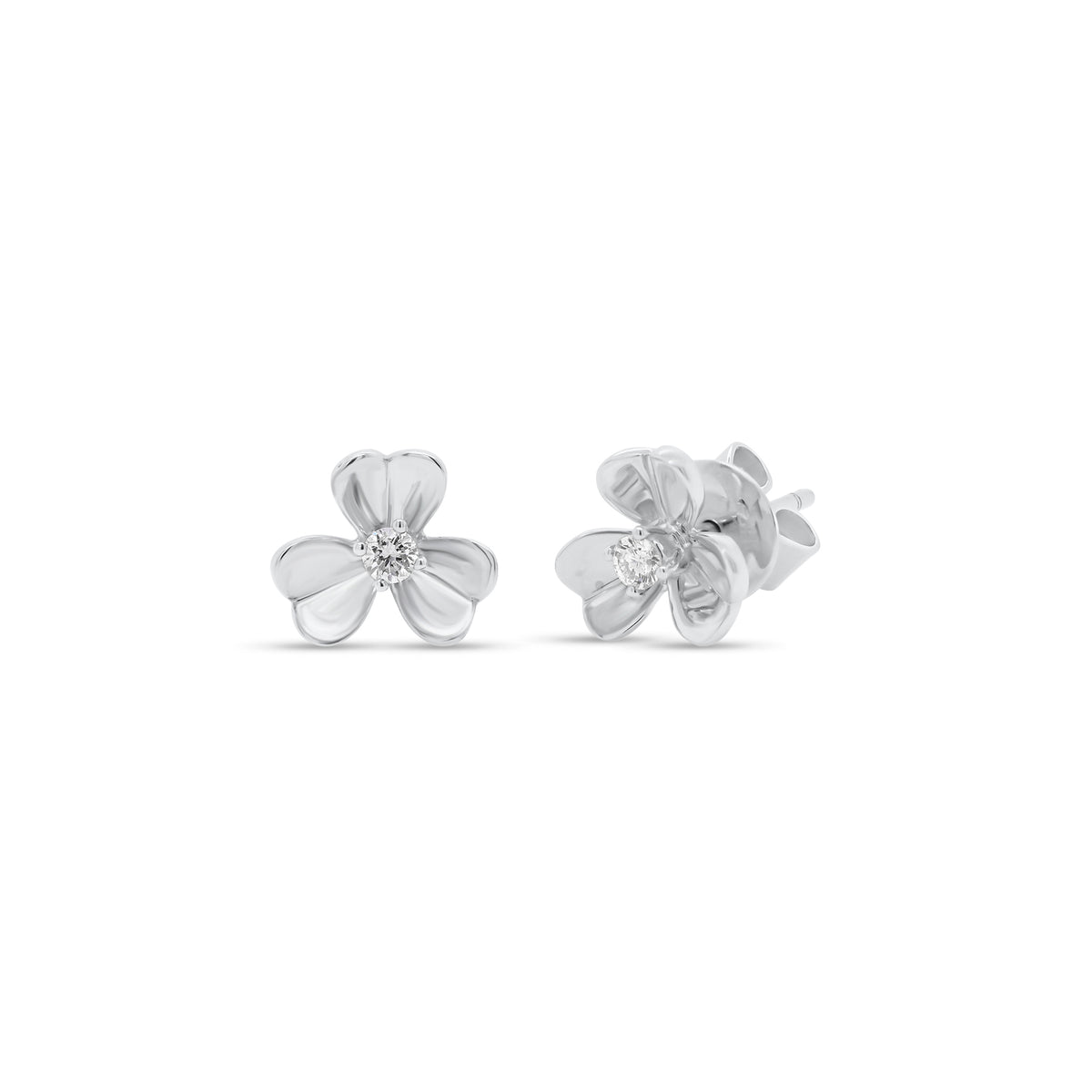 Diamond Accent Clover Stud Earrings - 14K white gold weighing 2.47 grams - 2 round diamonds totaling 0.10 carats