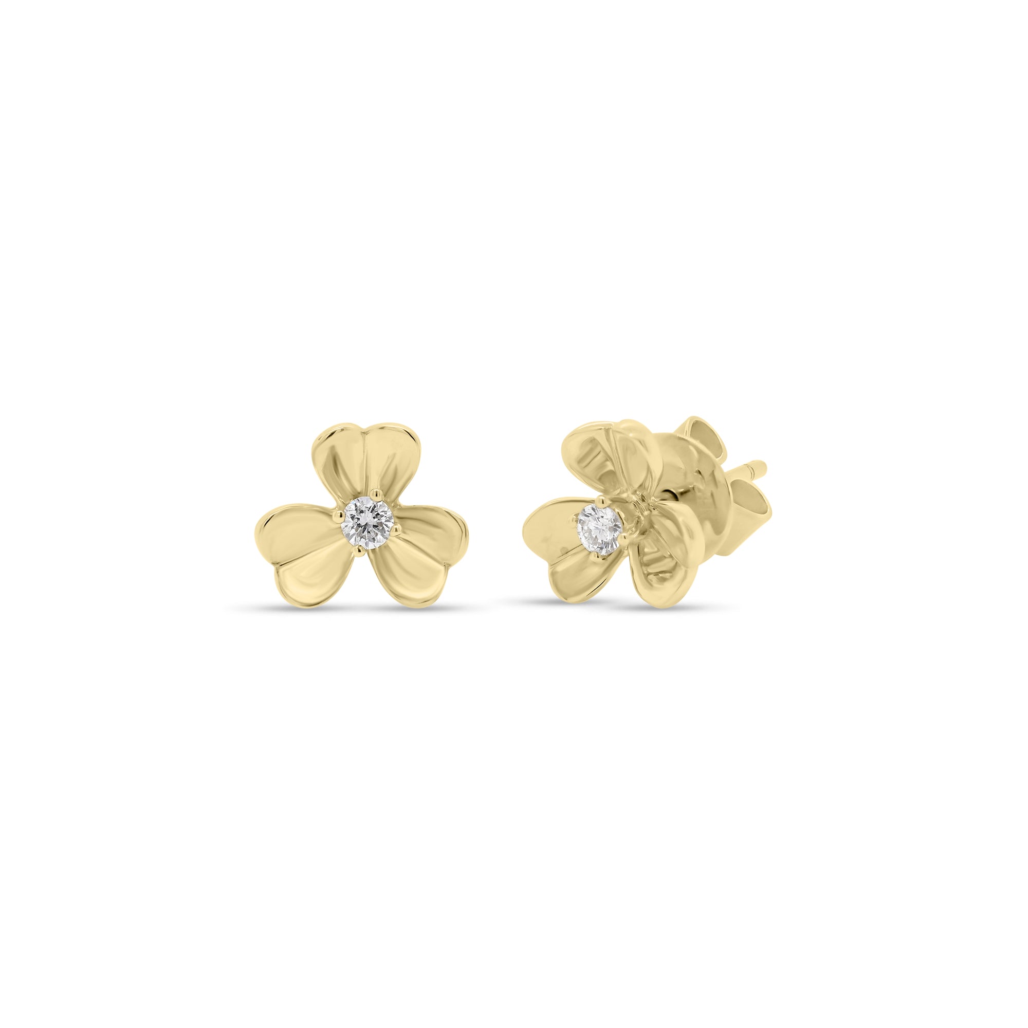 Diamond Accent Clover Stud Earrings - 14K yellow gold weighing 2.47 grams  - 2 round diamonds totaling 0.10 carats