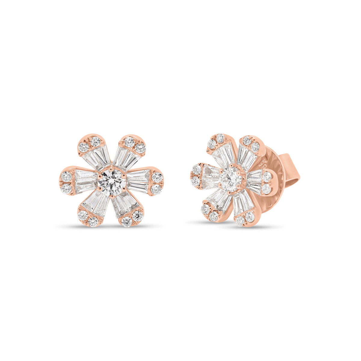 Round & Baguette Diamond medium flower stud earrings - 14K gold weighing 3.21 grams - 24 slim baguettes totaling 0.49 carats - 26 round diamonds totaling 0.34 carats