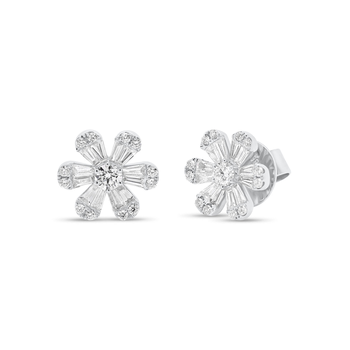Round & Baguette Diamond medium flower stud earrings - 14K gold weighing 3.21 grams - 24 slim baguettes totaling 0.49 carats - 26 round diamonds totaling 0.34 carats
