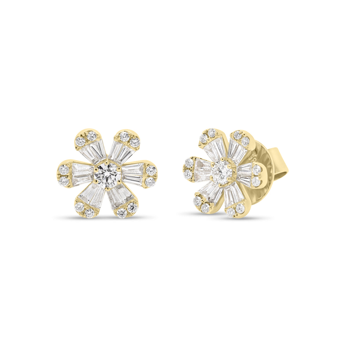 Round & Baguette Diamond medium flower stud earrings  - 14K gold weighing 3.21 grams  - 24 slim baguettes totaling 0.49 carats  - 26 round diamonds totaling 0.34 carats