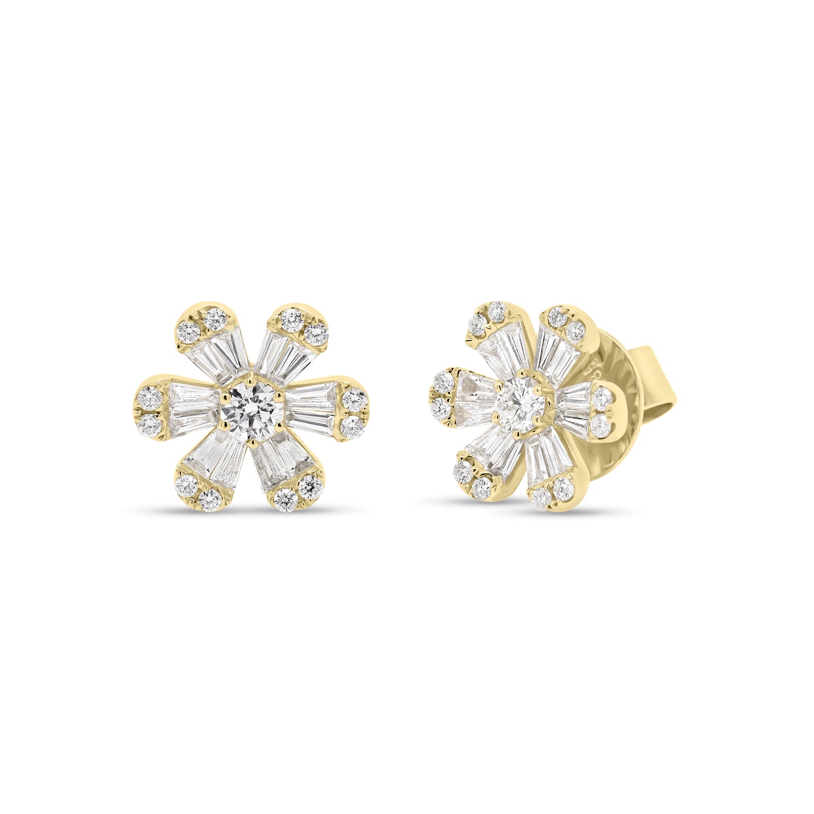 Round & Baguette Diamond medium flower stud earrings  - 14K gold weighing 3.21 grams  - 24 slim baguettes totaling 0.49 carats  - 26 round diamonds totaling 0.34 carats