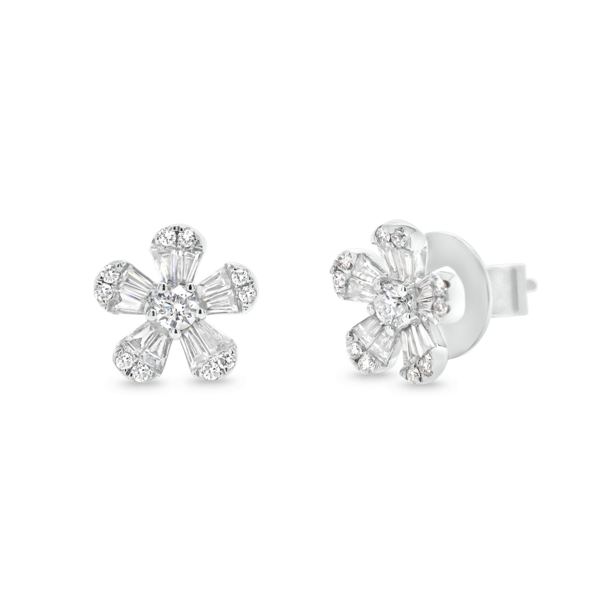 Round and Baguette Diamond Flower Stud Earrings -14K gold weighing 2.99 grams  -22 round diamonds totaling 0.29 carats  -20 straight baguettes totaling 0.48 carats
