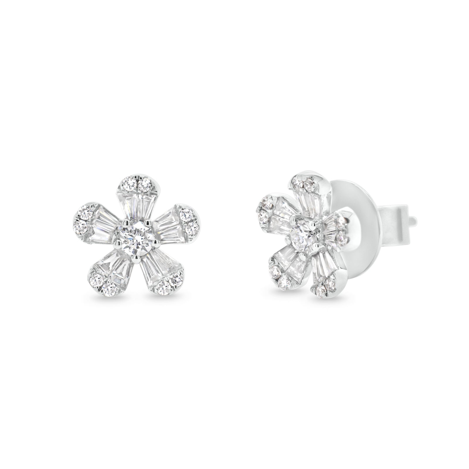 Round and Baguette Diamond Flower Stud Earrings -14K gold weighing 2.99 grams  -22 round diamonds totaling 0.29 carats  -20 straight baguettes totaling 0.48 carats