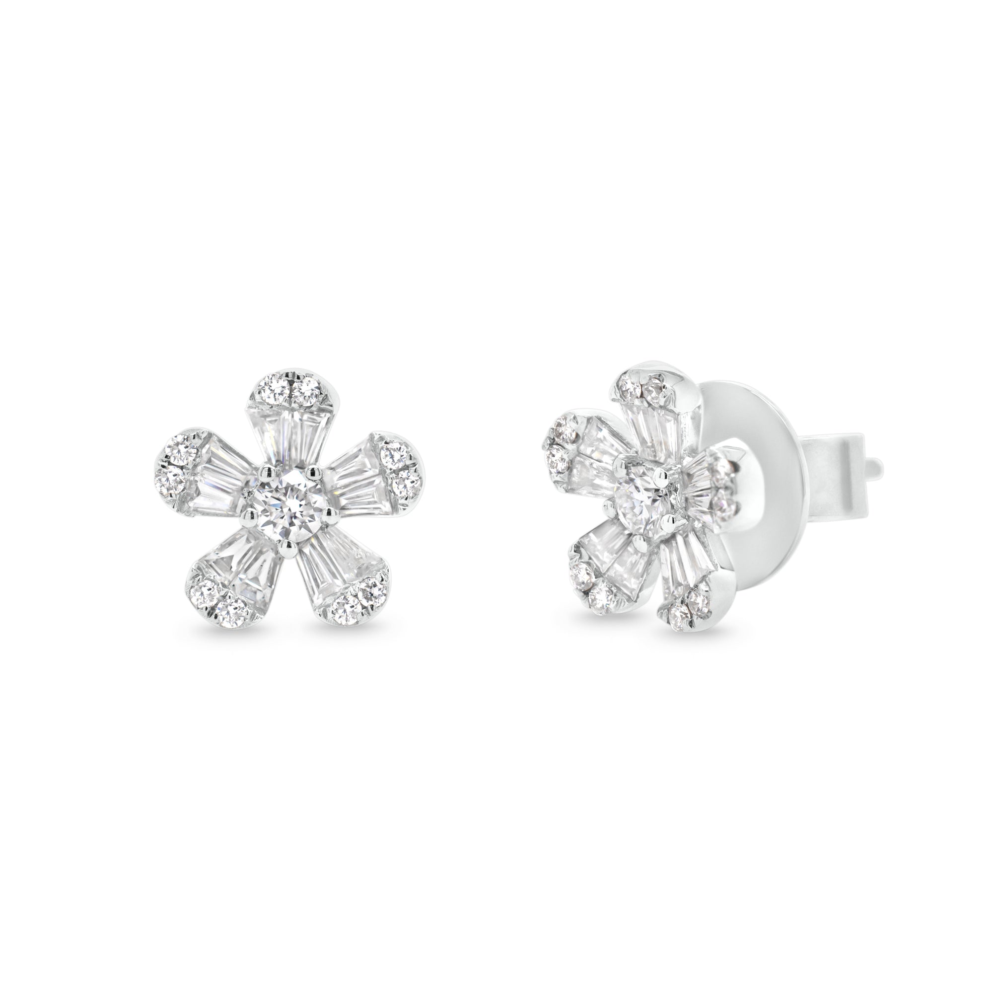Round and Baguette Diamond Flower Stud Earrings -14K gold weighing 2.99 grams  -22 round diamonds totaling 0.29 carats  -20 straight baguettes totaling 0.48 carats