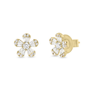 Round and Baguette Diamond Flower Stud Earrings -14K gold weighing 2.99 grams  -22 round diamonds totaling 0.29 carats  -20 straight baguettes totaling 0.48 carats